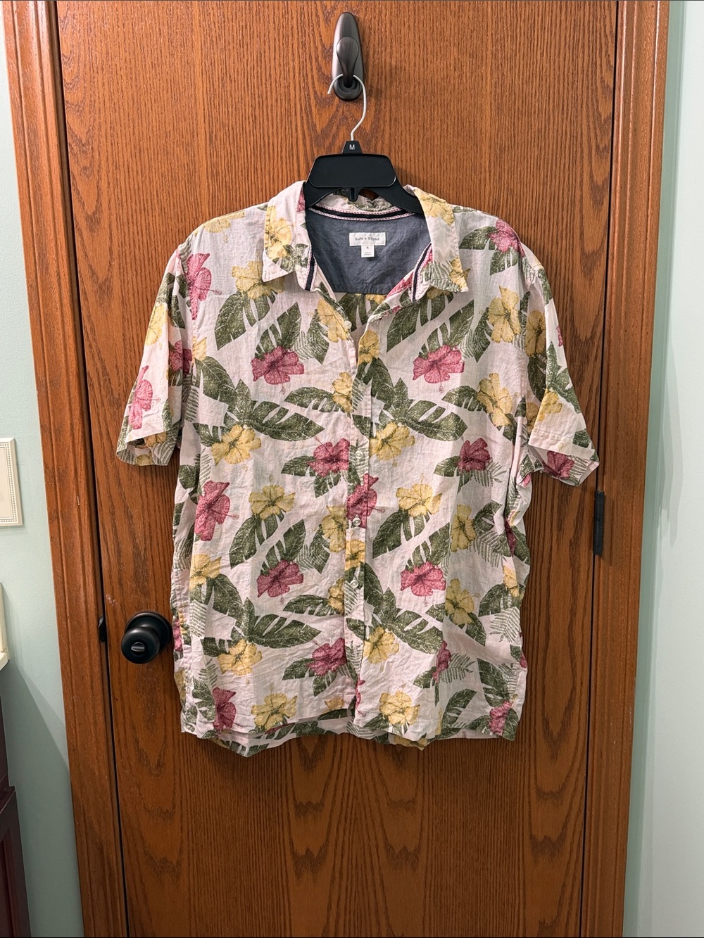 Men's Short-Sleeve Floral Button-Down Shirt - Pink, Yellow & Green